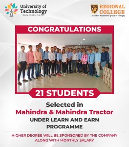 Regional College congratulates 21 studentsselected in Mahindra & Mahindra Campus Drive